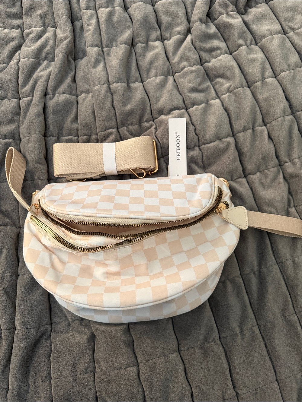 NWT- Checkered Beige & White Crossbody Belt Bag -